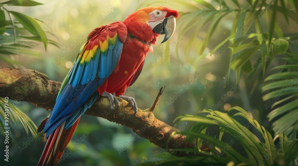 A colorful parrot is perched on a branch in a lush green forest A colorful parrot is perched on a branch in a lush green forest