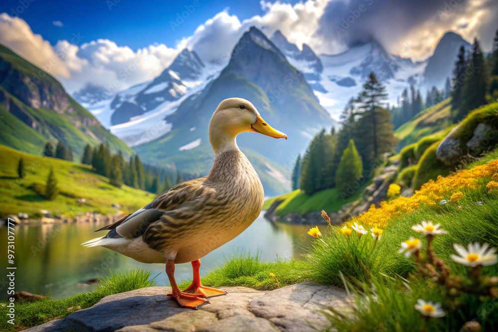 Duck Standing on a Rock by a Lake with Mountain Background Duck Standing on a Rock by a Lake with Mountain Background