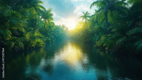 Serene Rainforest River Meandering Through Lush Tropical Greenery - Captivating Tropical Landscapes