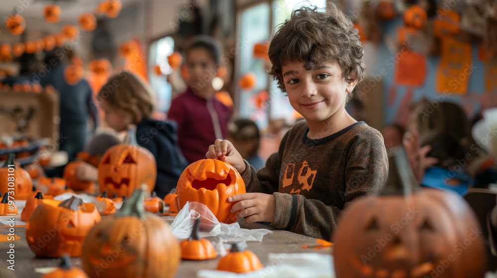 Halloween Arts and Crafts Fair, kids and parents creating Halloween-themed crafts at decorated tables in a community center, Halloween, with copy space Halloween Arts and Crafts Fair, kids and parents creating Halloween-themed crafts at decorated tables in a community center, Halloween, with copy space