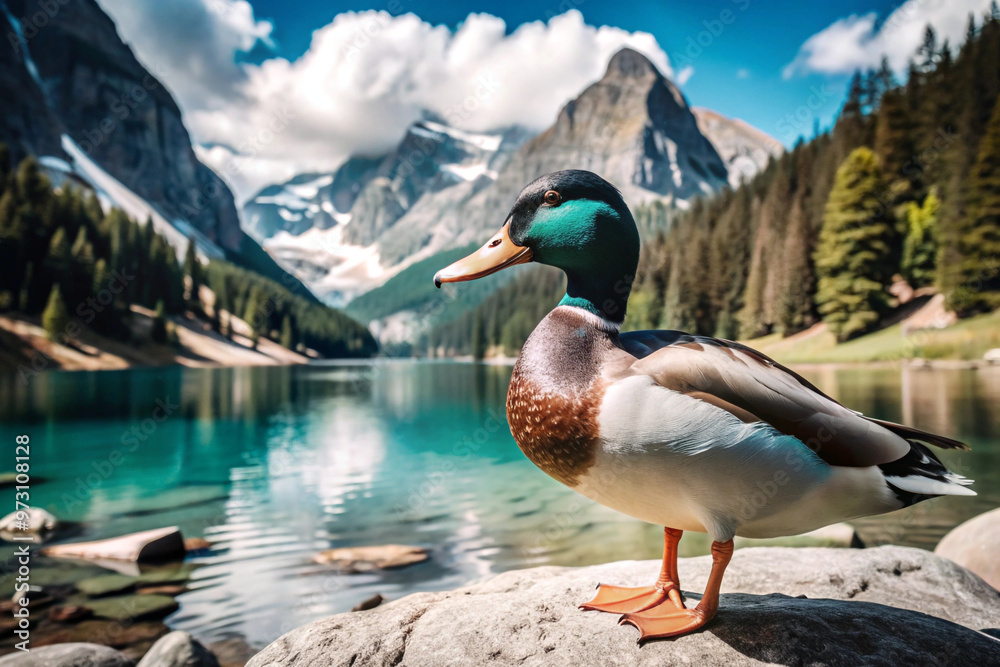Mallard Duck Perched on Rock by Turquoise Mountain Lake Mallard Duck Perched on Rock by Turquoise Mountain Lake