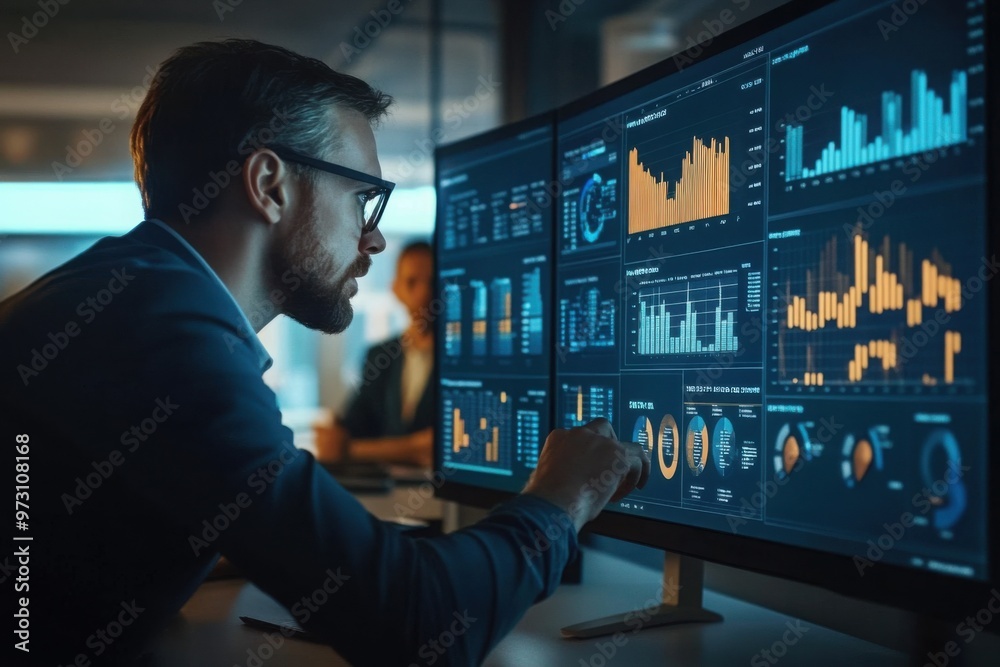 Fototapeta premium Business Analyst Reviewing Financial Data on Monitors