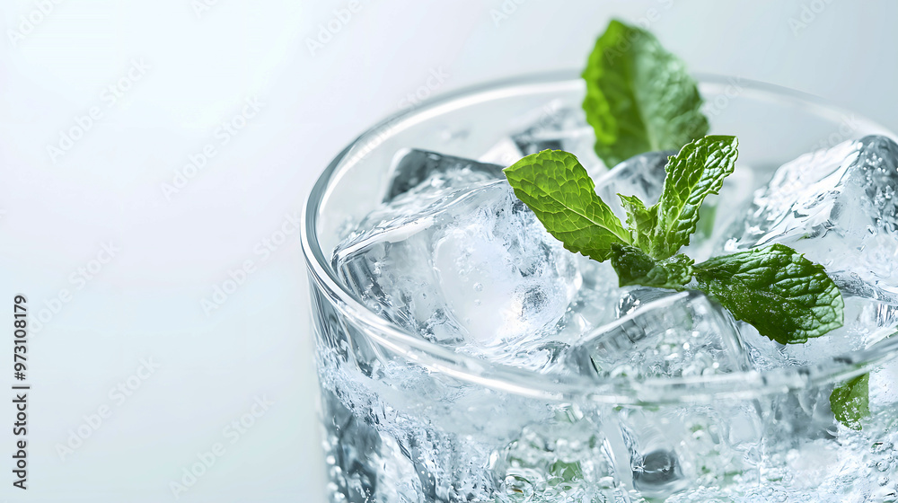 Chilled ice cubes with mint leaves in a frosted glass, capturing the essence of refreshing Chilled ice cubes with mint leaves in a frosted glass, capturing the essence of refreshing