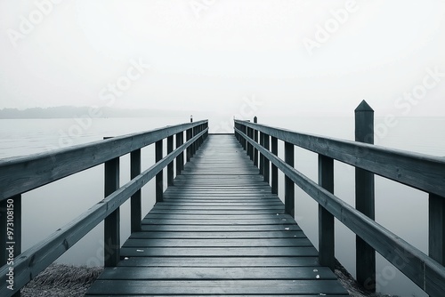 A long wooden pier stretches out over a calm, misty lake, creating a tranquil and serene scene of nature. photo