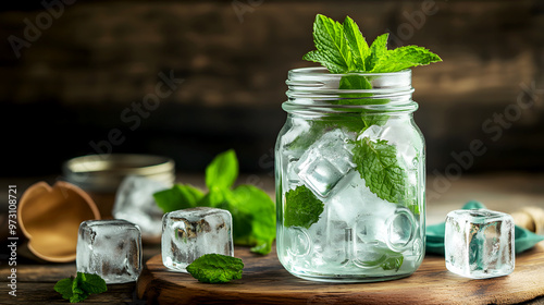 Chilled ice cubes with mint leaves in a mason jar, surrounded by rustic décor, capturing a simple photo