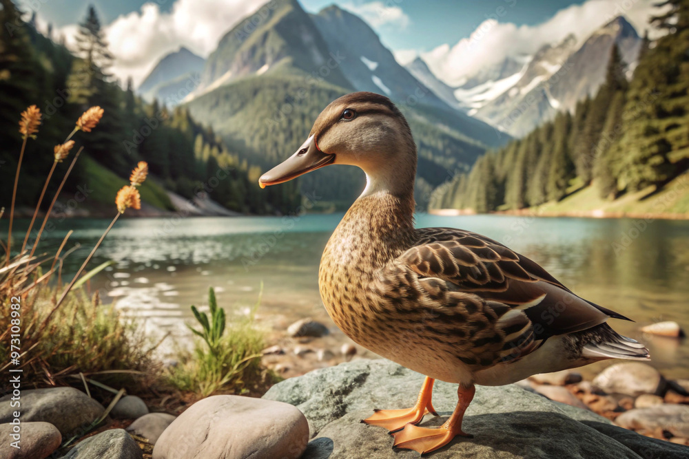 Mallard Duck on Rocky Shore of Mountain Lake Mallard Duck on Rocky Shore of Mountain Lake
