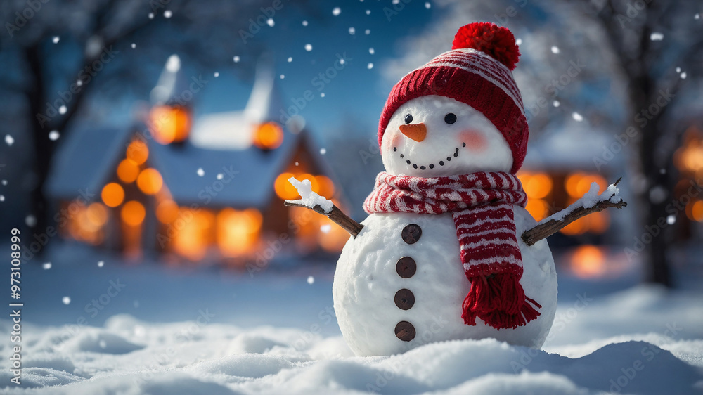 Fototapeta premium A cheerful snowman with red scarf and hat in a snowy landscape during a beautiful winter sunset.