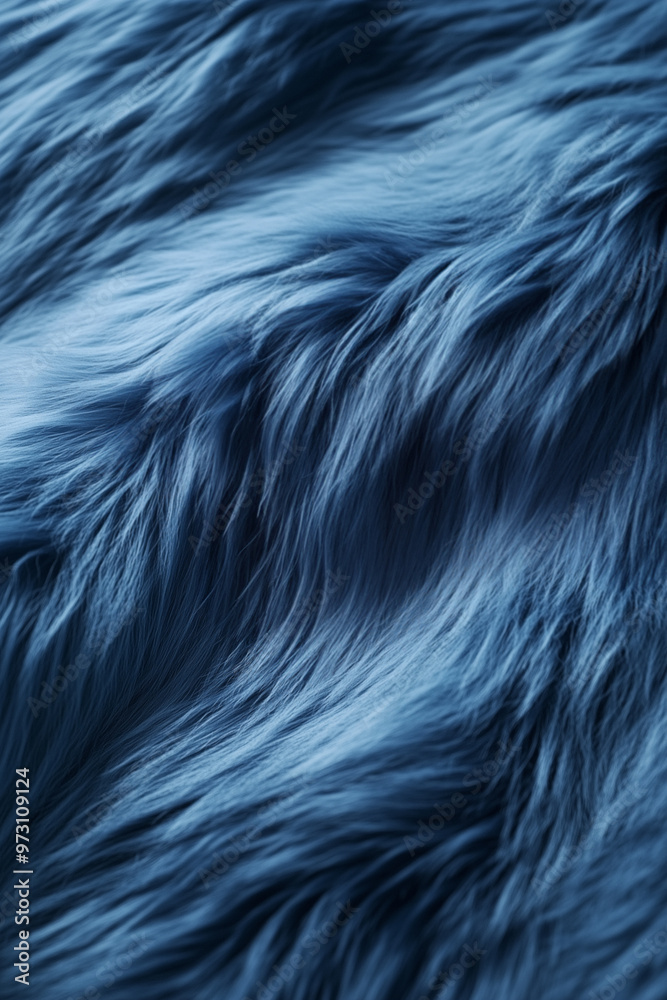 Fluffy Blue Fur Texture in Macro Photography. Top View of Soft and Colorful Hairy Background with Wavy Pattern. Close-Up of Rich and Cozy Animal Fur Texture