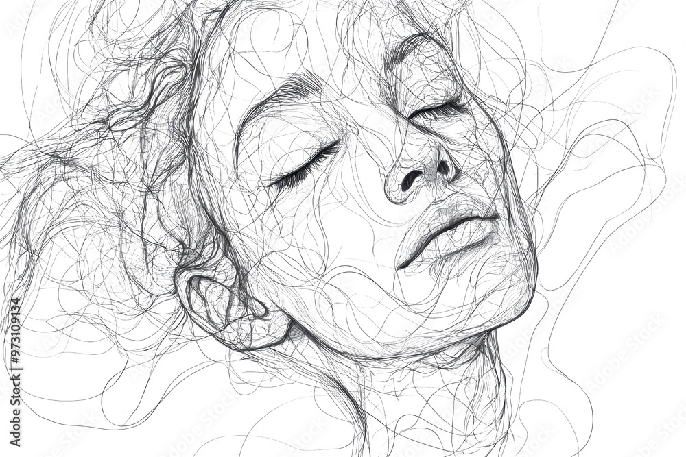 Fototapeta premium Abstract line art depicting a human face with flowing hair, blending surrealism and artistic expression in intricate black and white