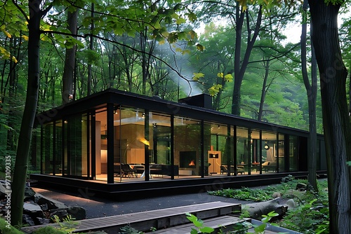 Modern glass house in the woods