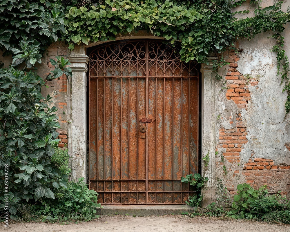 A rusted iron gate leading to a forgotten garden, overgrown with ivy and weeds antique gate, timeworn, rustic garden decay A rusted iron gate leading to a forgotten garden, overgrown with ivy and weeds antique gate, timeworn, rustic garden decay