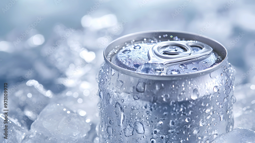 chilled soda can with water droplets clinging to the surface, sitting atop a bed chilled soda can with water droplets clinging to the surface, sitting atop a bed