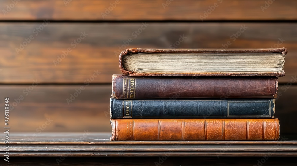 Timeworn leather-bound books with frayed edges stacked haphazardly on an antique wooden shelf old books, antique, vintage library Timeworn leather-bound books with frayed edges stacked haphazardly on an antique wooden shelf old books, antique, vintage library