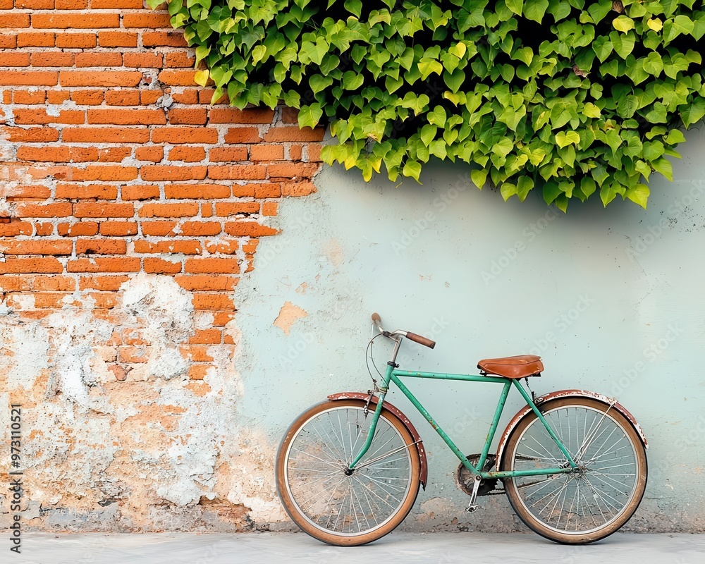 An old, rusted bicycle leaning against a crumbling brick wall, vines creeping over it antique bicycle, timeworn, urban decay