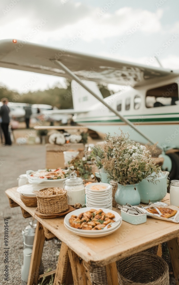 Group of Adults Enjoying Gourmet Camping Party Near Vintage Airplanes at Airfield, Daytime, Energetic and Festive Atmosphere, Natural Decor Group of Adults Enjoying Gourmet Camping Party Near Vintage Airplanes at Airfield, Daytime, Energetic and Festive Atmosphere, Natural Decor