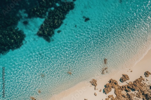 aerial photography,shorelines of philippines, camera looking towards the ocean horizon, clear water with visible sand and rocks underneath with generative ai