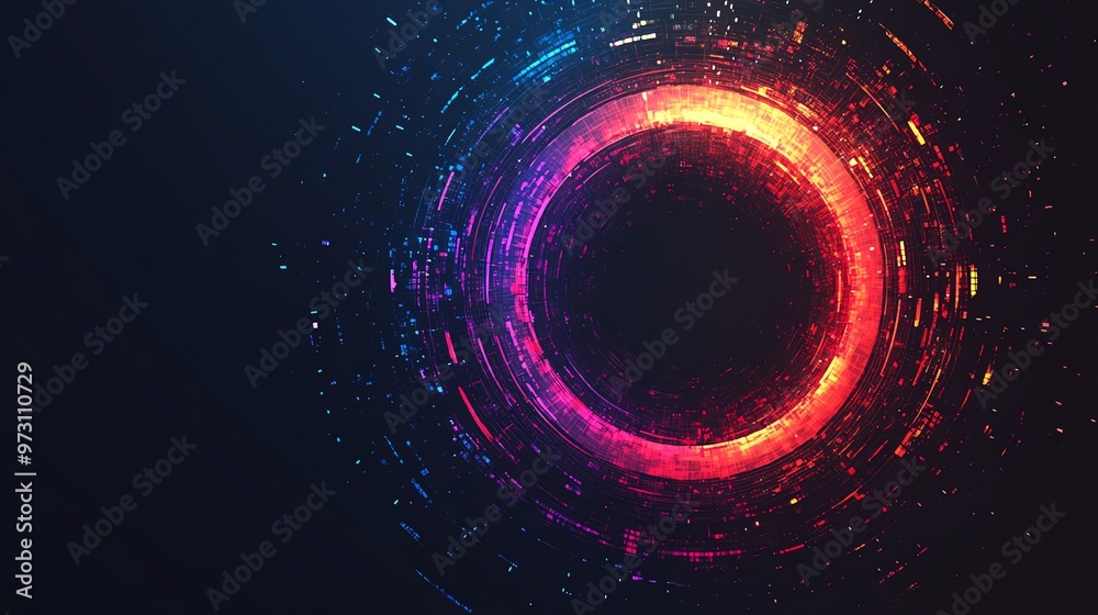 A vibrant digital design featuring a glowing circular pattern with colorful particles radiating from the center against a dark background. A vibrant digital design featuring a glowing circular pattern with colorful particles radiating from the center against a dark background.