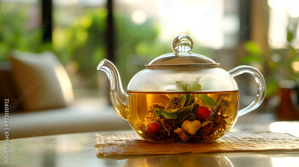 Chinese herbal tea steeping in a glass teapot, with herbs like jujube and ginger root visible Chinese herbal tea steeping in a glass teapot, with herbs like jujube and ginger root visible