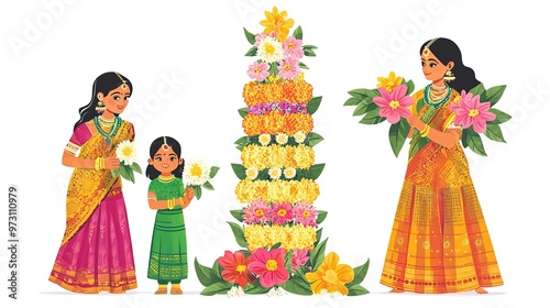 Happy Bathukamma Greetings In Telugu language Typography. Abstract Yellow Traditional floral Background photo