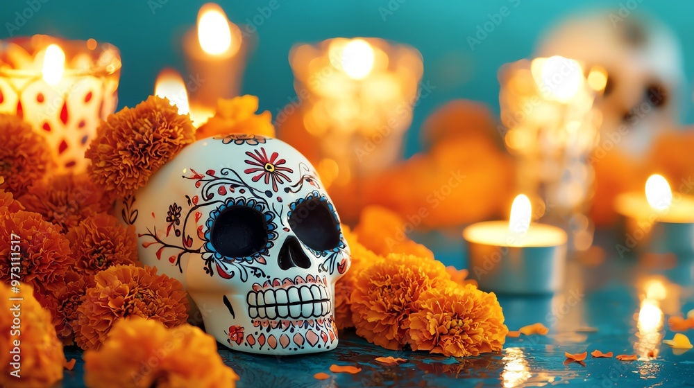 Colorful sugar skull surrounded by marigold flowers and candles, symbolizing Day of the Dead celebration. Colorful sugar skull surrounded by marigold flowers and candles, symbolizing Day of the Dead celebration.