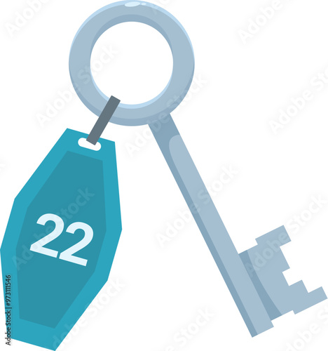 Metal hotel room key with key fob showing number twenty two is hanging