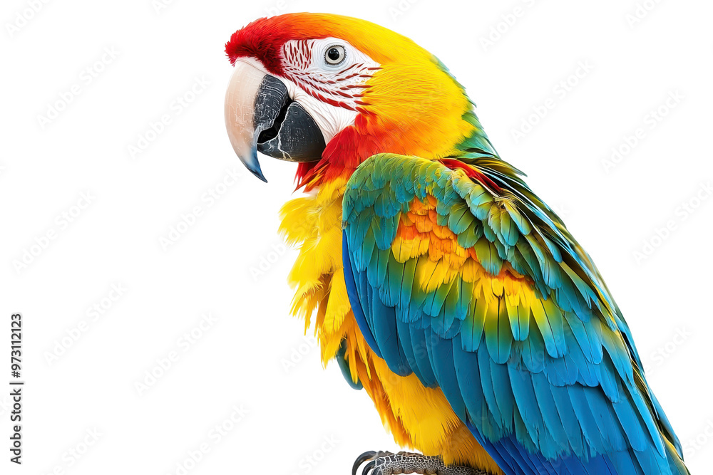 Obraz premium Colorful macaw parrot with vibrant plumage. Isolated on transparent background. showcasing its beauty and intricate feather details.
