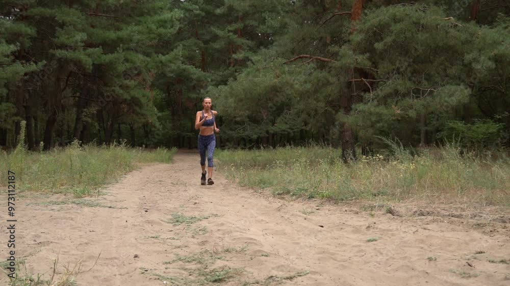 Adult woman is cardio sport and running in coniferous forest. Health jogging of fitness girl is training outdoor. Concept of workouts running and healthy lifestyle. Track path of athletic young adult. Adult woman is cardio sport and running in coniferous forest. Health jogging of fitness girl is training outdoor. Concept of workouts running and healthy lifestyle. Track path of athletic young adult.