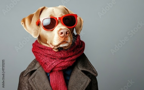 stylish and fashionable clothes fashionable look dog isolated on clear gray background photo