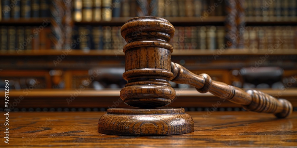 Gavel on Wooden Table with Bookshelf in Background Gavel on Wooden Table with Bookshelf in Background