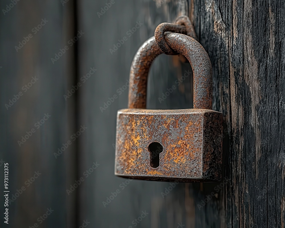 A rusty padlock still attached to a decayed wooden door, symbolizing old secrets and forgotten places antique padlock, timeworn, rusted security A rusty padlock still attached to a decayed wooden door, symbolizing old secrets and forgotten places antique padlock, timeworn, rusted security