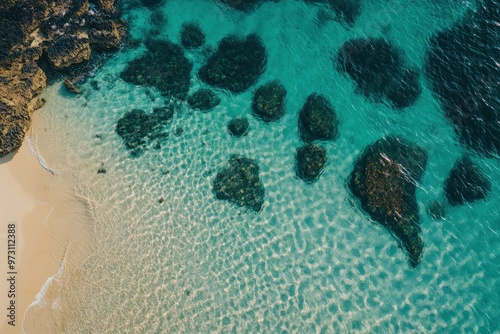 aerial photography,shorelines of philippines, camera looking towards the ocean horizon, clear water with visible sand and rocks underneath with generative ai