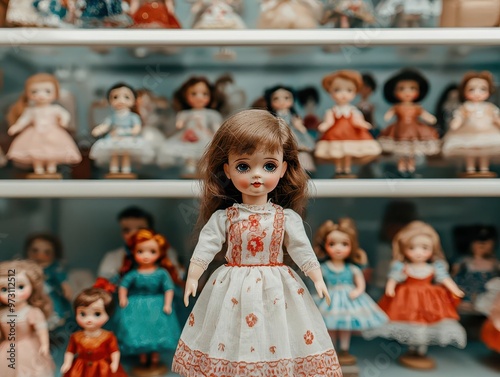 Timeworn porcelain dolls with cracked faces and faded dresses, standing in a dusty display case antique dolls, timeworn, vintage toys