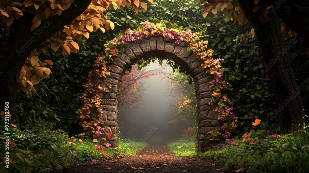 Obraz premium Stone Archway Through Foggy Woodland Low Angle Lush Foliage Dreamlike Setting