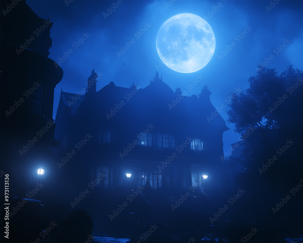 Naklejka premium haunted mansion with flickering lights and a full moon