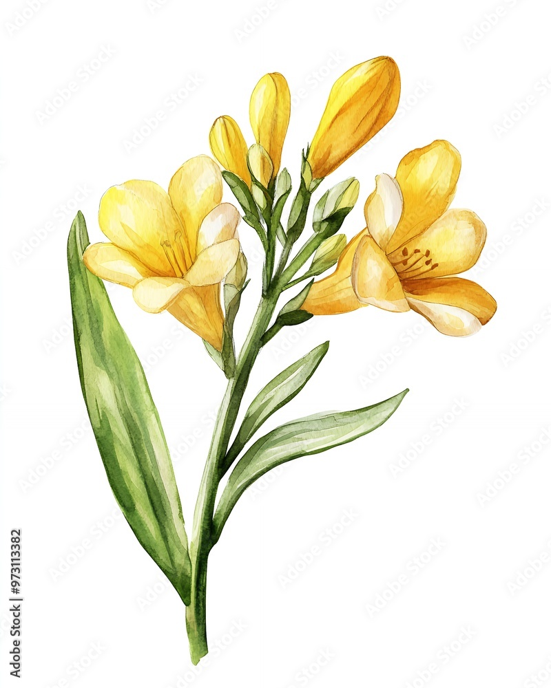 Fototapeta premium Delicate yellow flowers with green leaves, a beautiful watercolor painting.