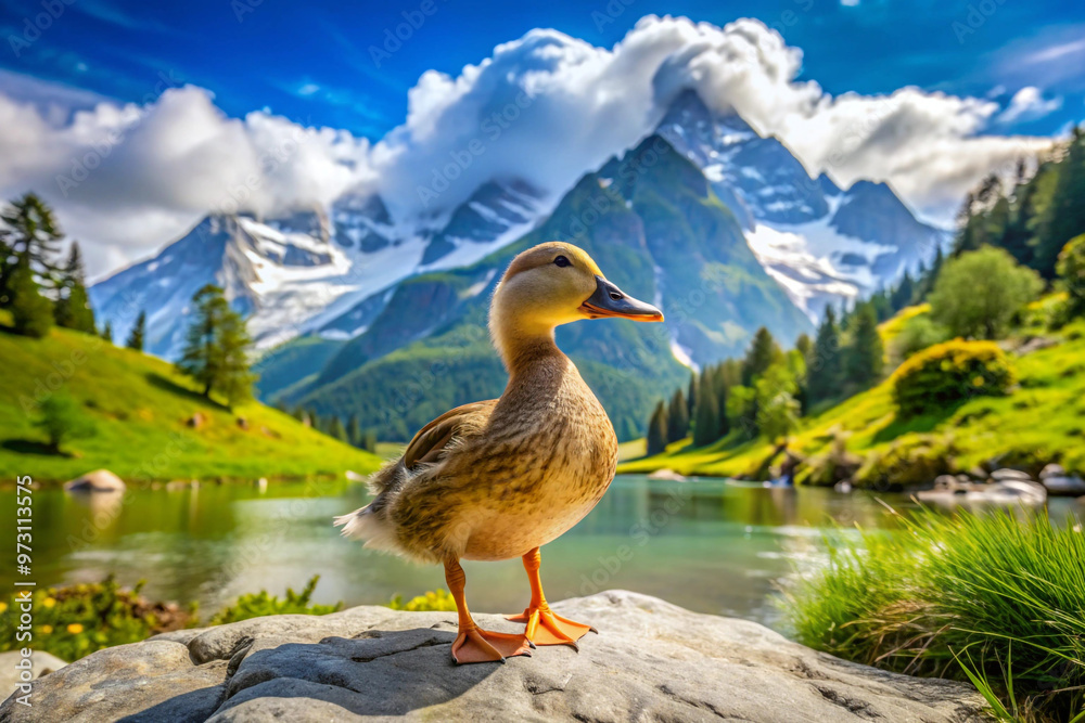 Fototapeta premium Duck Standing on Rock by Mountain Lake