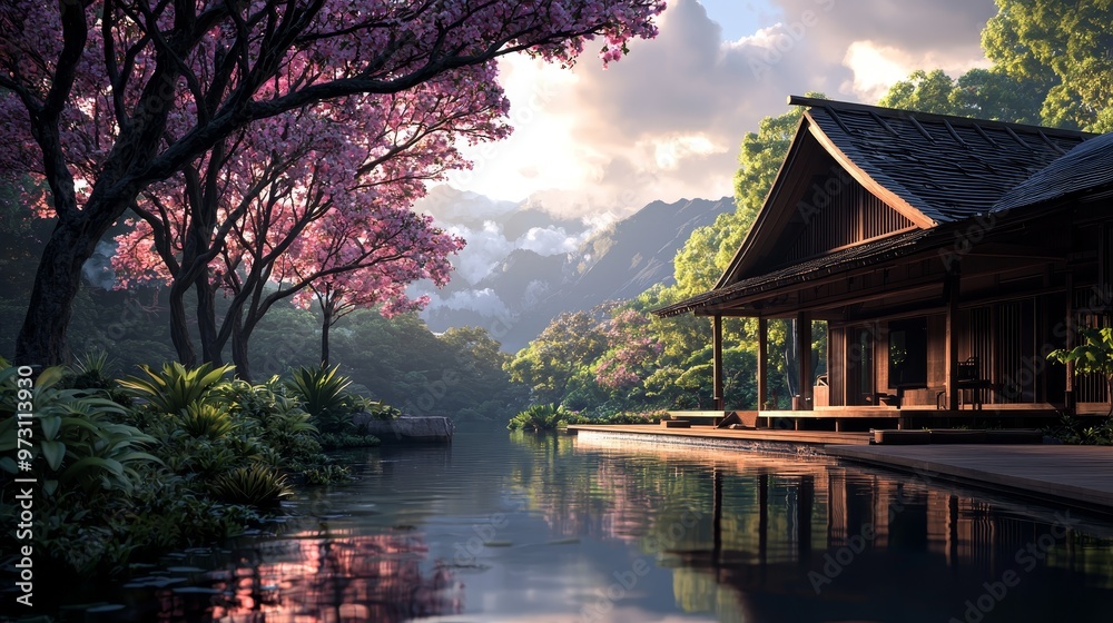 Fototapeta premium Serene Reflection A Japanese House on Still Water framed by Pink Blossoms and Misty Mountains
