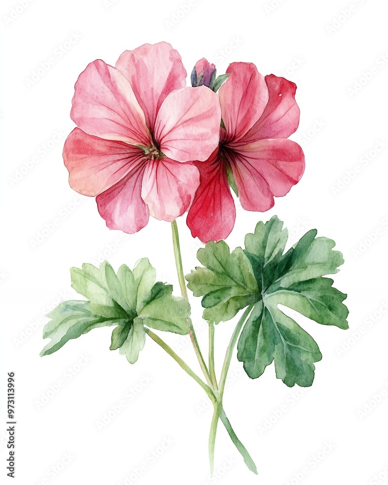 Delicate pink geranium flowers with green leaves, painted in watercolor style. Delicate pink geranium flowers with green leaves, painted in watercolor style.