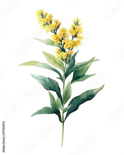 Fototapeta Naklejka Na Ścianę i Meble -  Watercolor illustration of yellow flowers and green leaves.