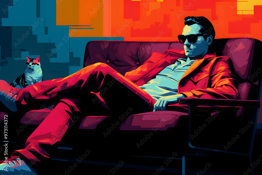 illustration chilling on the couch with a cat pop art style, chilling on the couch with a cat illustration chilling on the couch with a cat pop art style, chilling on the couch with a cat