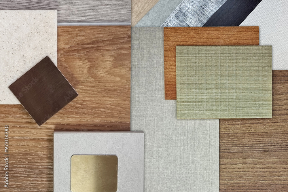 Fototapeta premium interior design material board in close up view for architecture or house decoration consists of wooden vinyl flooring tiles, stone tile, quartz, gold stainless, veneer, draperies, fabric laminated.