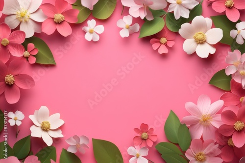Pink and White Flowers with Green Leaves on a Pink Background