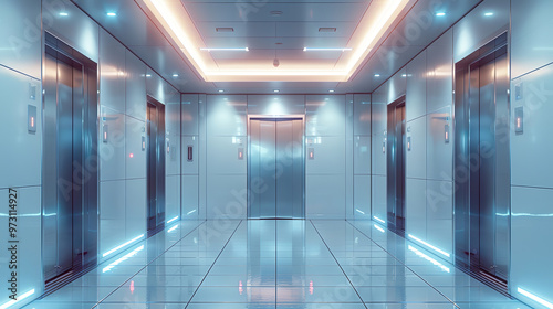 Empty elevator lobby floored in marble with modern lighting