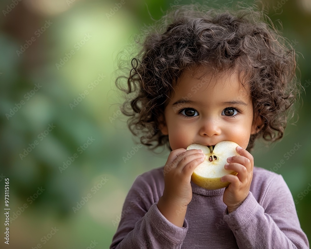 Closeup Portrait of a Little Girl with Curly Hair Taking a Bite of an Apple Against a Soft Green Background Closeup Portrait of a Little Girl with Curly Hair Taking a Bite of an Apple Against a Soft Green Background
