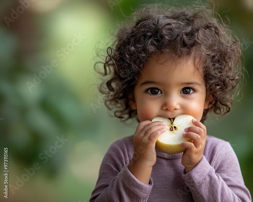 Closeup Portrait of a Little Girl with Curly Hair Taking a Bite of an Apple Against a Soft Green Background