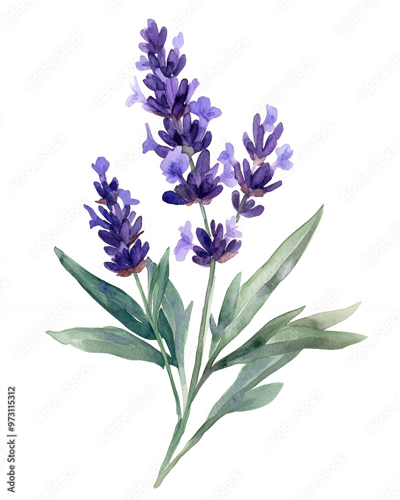 Obraz premium Delicate watercolor painting of lavender flowers with green leaves.