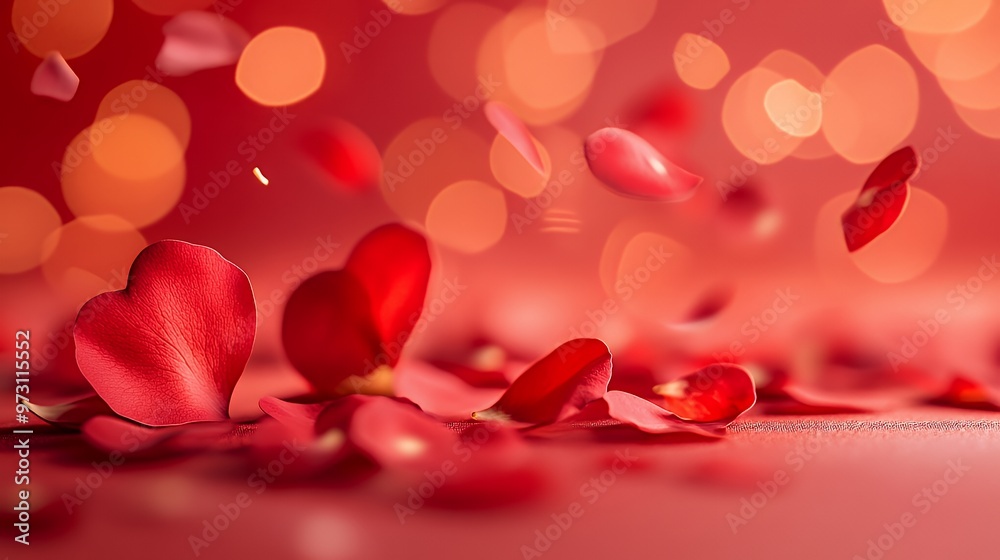 A close-up of red rose petals arranged in a heart shape on a red background with blurred bokeh lights. A close-up of red rose petals arranged in a heart shape on a red background with blurred bokeh lights.