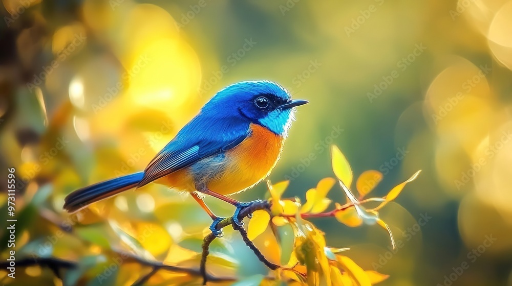 A vibrant blue and orange Superb Fairy-wren bird perched on the edge of an elegant A vibrant blue and orange Superb Fairy-wren bird perched on the edge of an elegant
