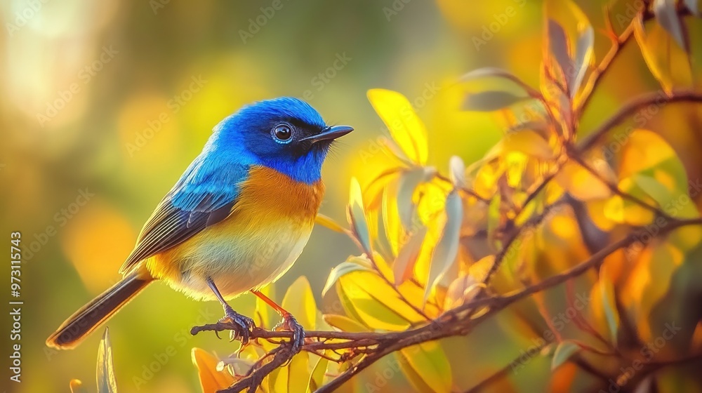 A vibrant blue and orange Superb Fairy-wren bird perched on the edge of an elegant A vibrant blue and orange Superb Fairy-wren bird perched on the edge of an elegant