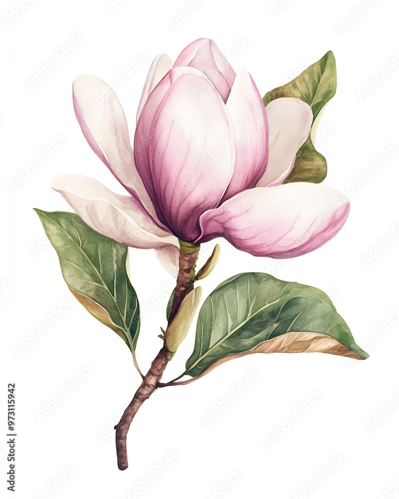 Fototapeta premium Delicate pink magnolia flower with green leaves against a white background.